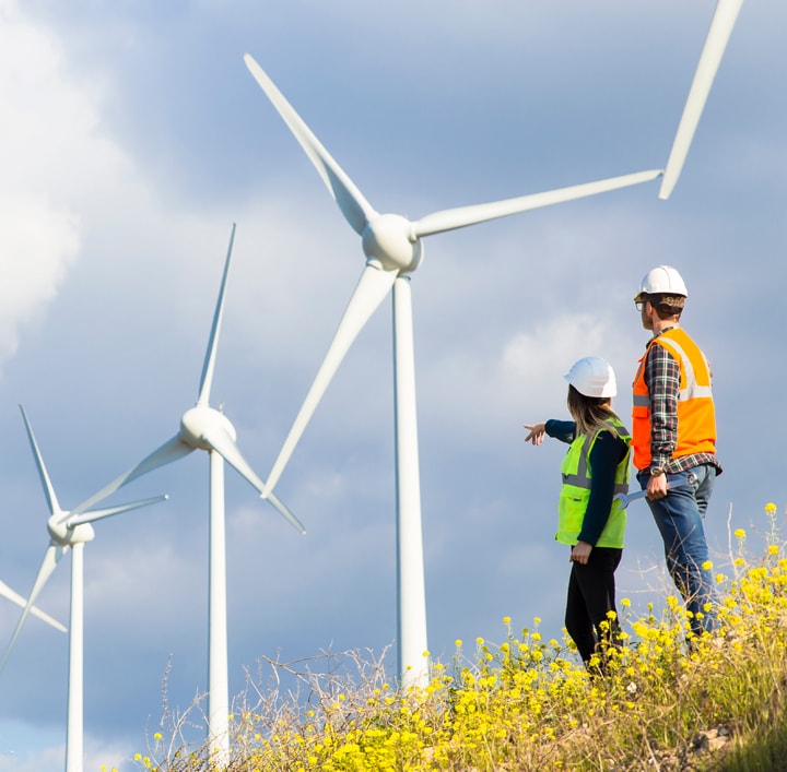 Two people standing near windmills 